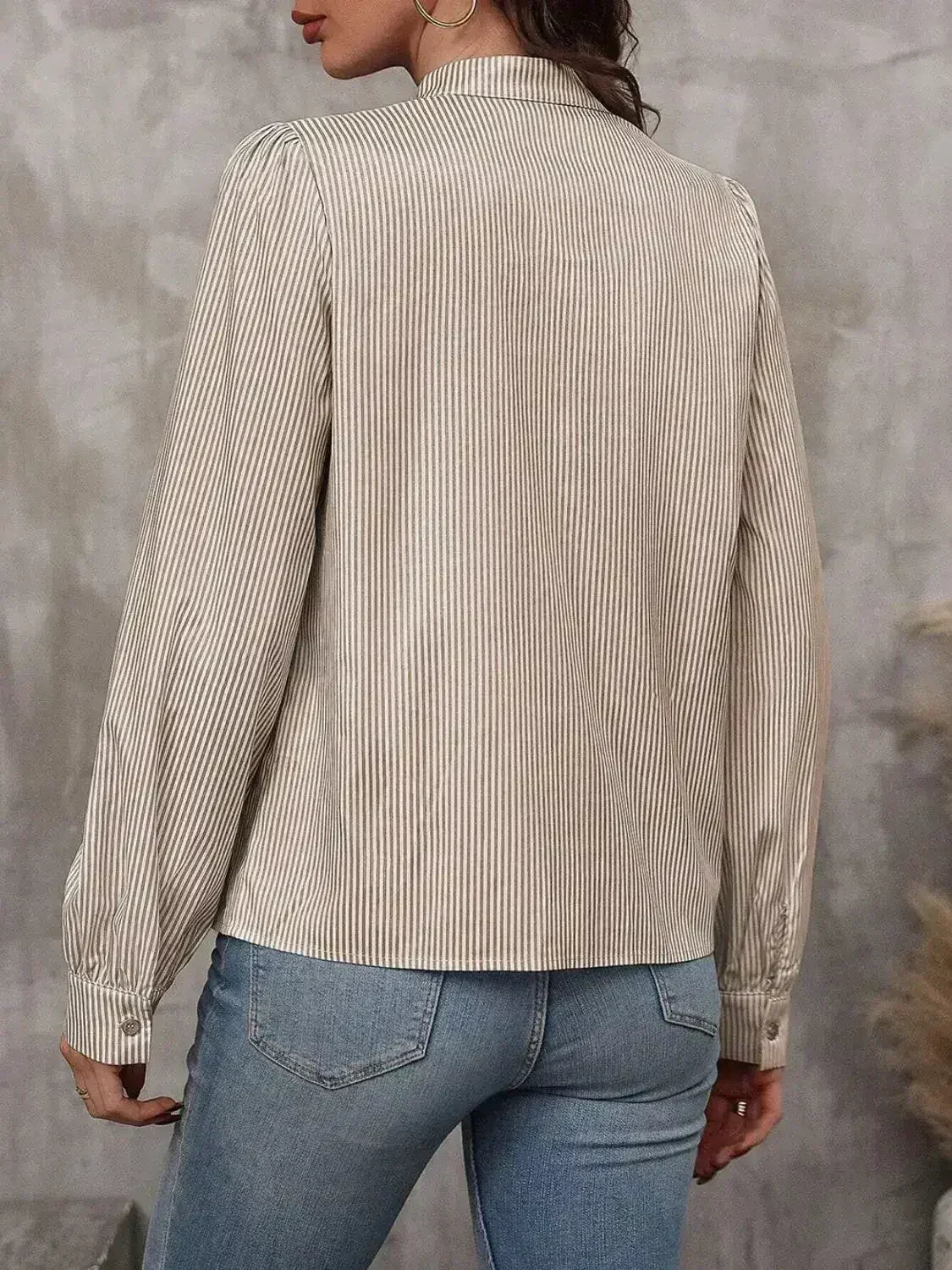Striped Tie Neck Long Sleeve Blouse – Femstylo
