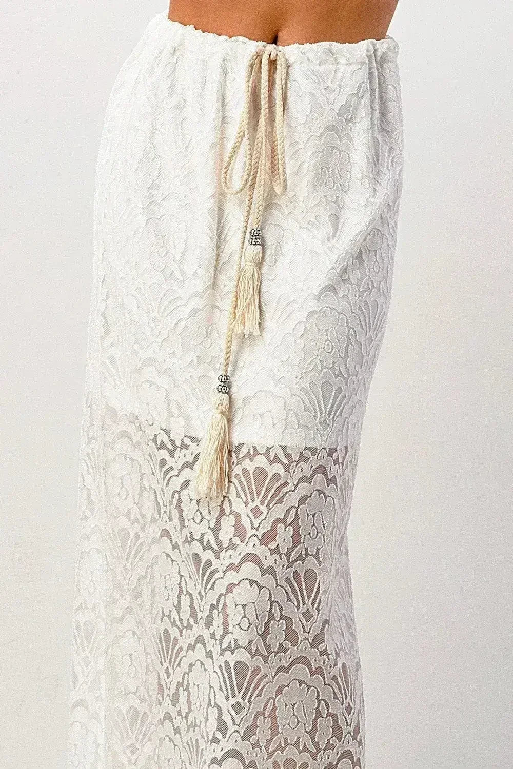 Sheer Lace Maxi Skirt - Drawstring Waist & Bow | Femstylo