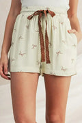 White Bow Pattern Lace Tie Elastic Waist Shorts
