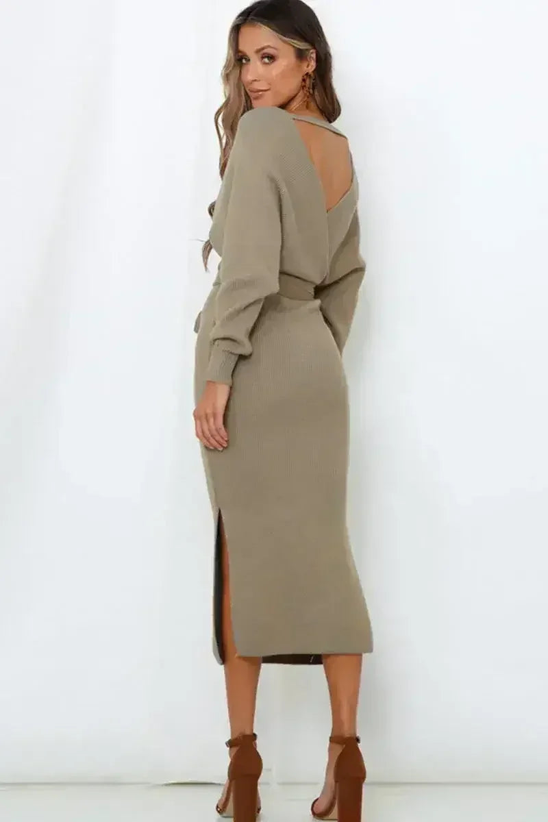 Surplice Neck Bow Waist Slit Sweater Dress