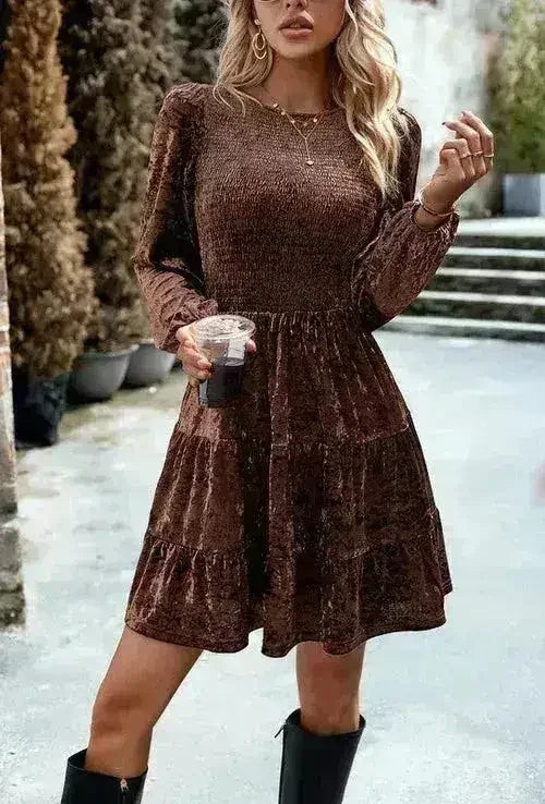 Long sleeve smocked velvet dress