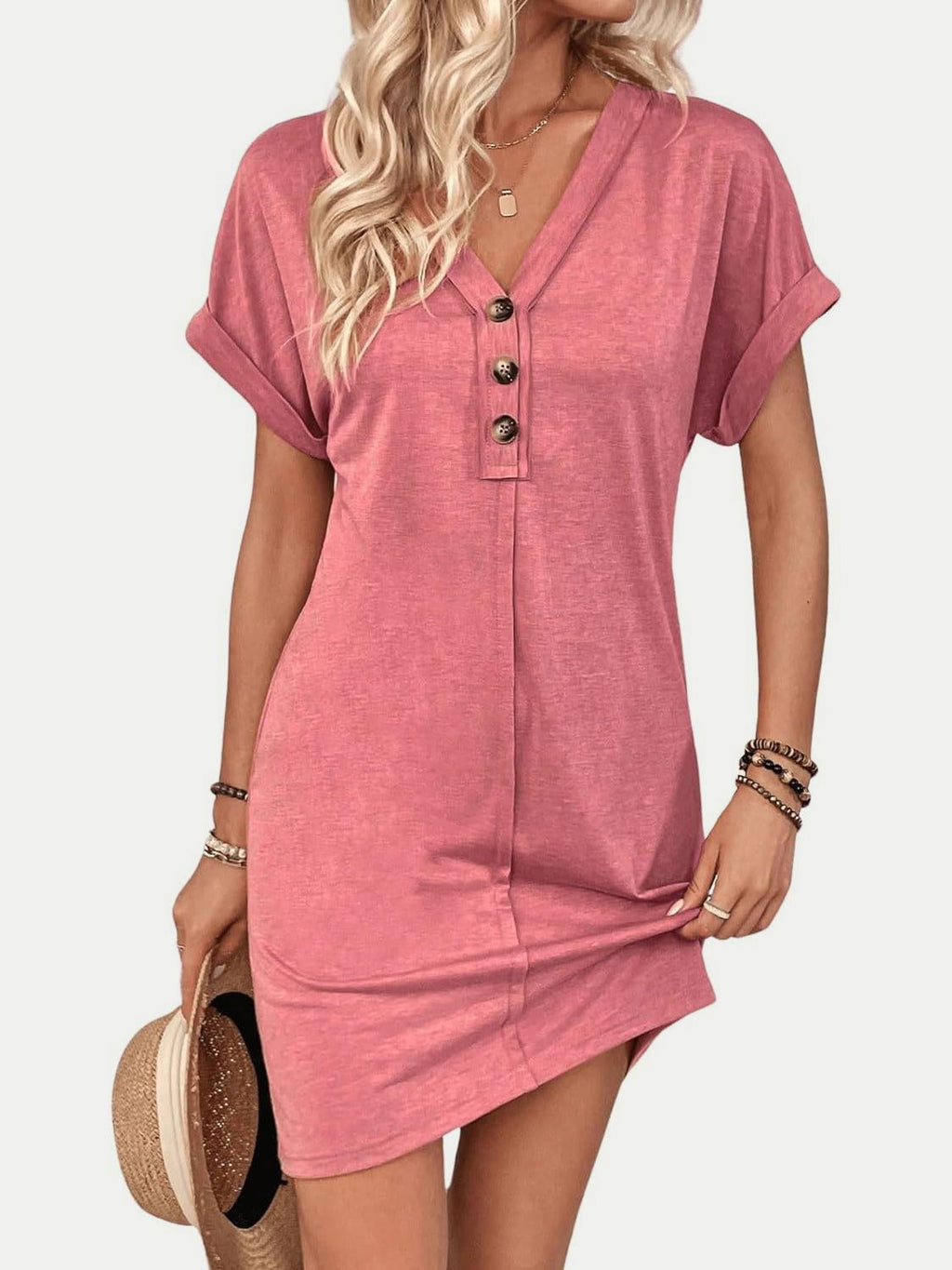 Elegant Button V-Neck Short Sleeve Dress Flattering Casual & Office Wear Simple Dress