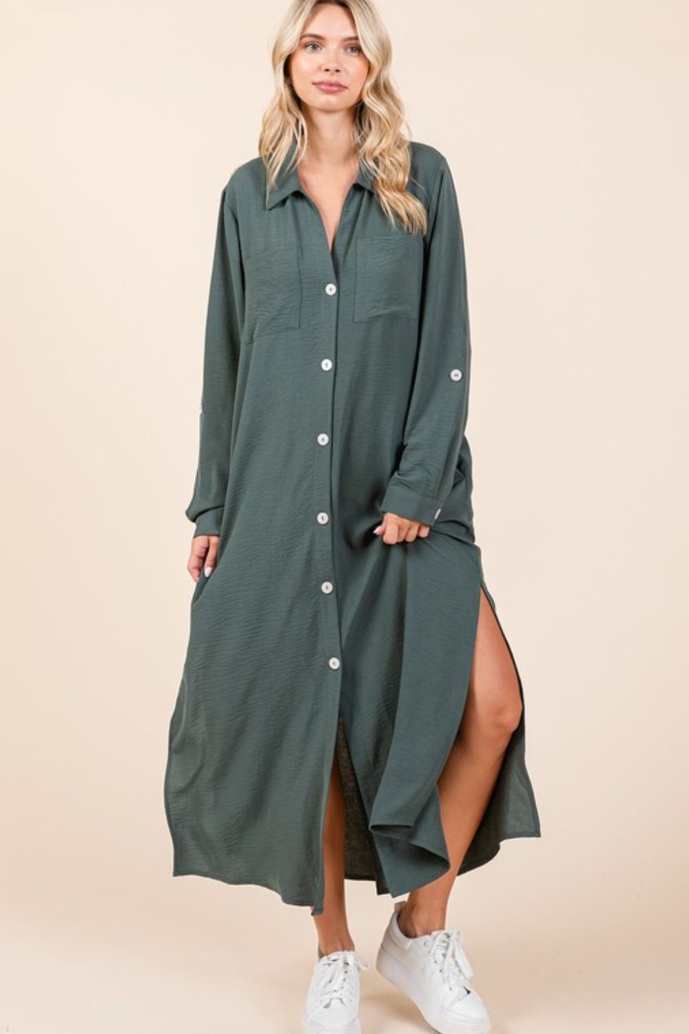 Airflow V-Neck Long Sleeve Button Down Maxi Dress For Women, Casual, Elegant and Versatile Maxi Dress with Button Detail and Slit for Effortless Style