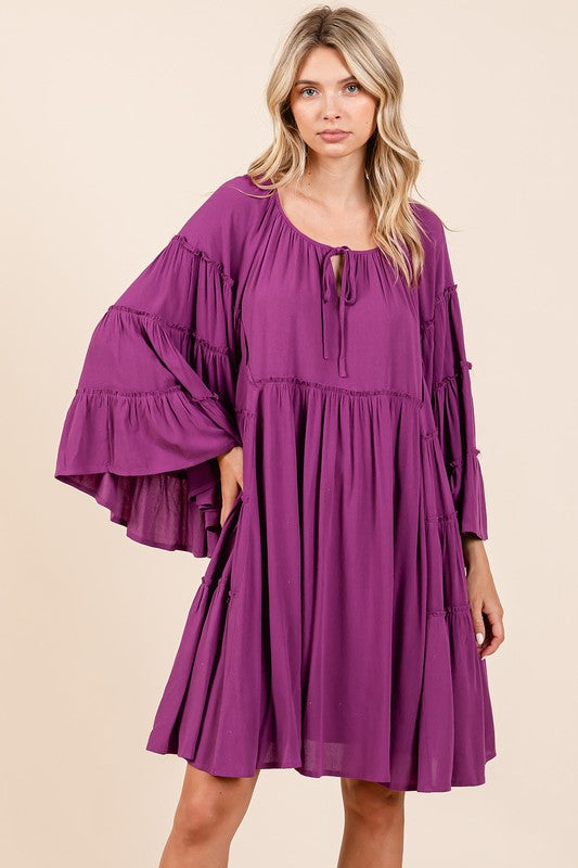 Frill Tie Neck Bell Sleeve Dress For Women – Elegant, Chic and Feminine Dress with Playful Frills and Bell Sleeves