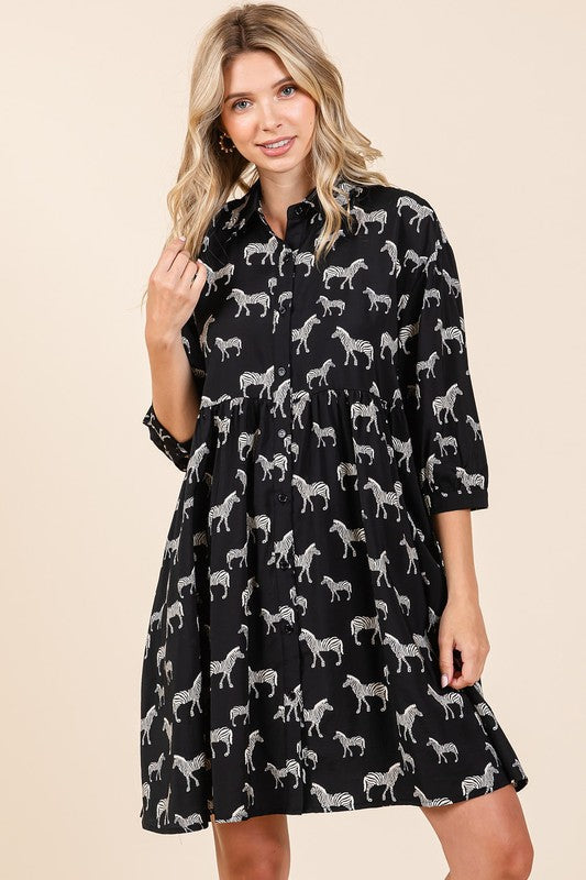 Zebra Print Button Down Shirt Mini Dress – Bold and Fashion-Forward Zebra Print Dress with Casual Button-Down Design