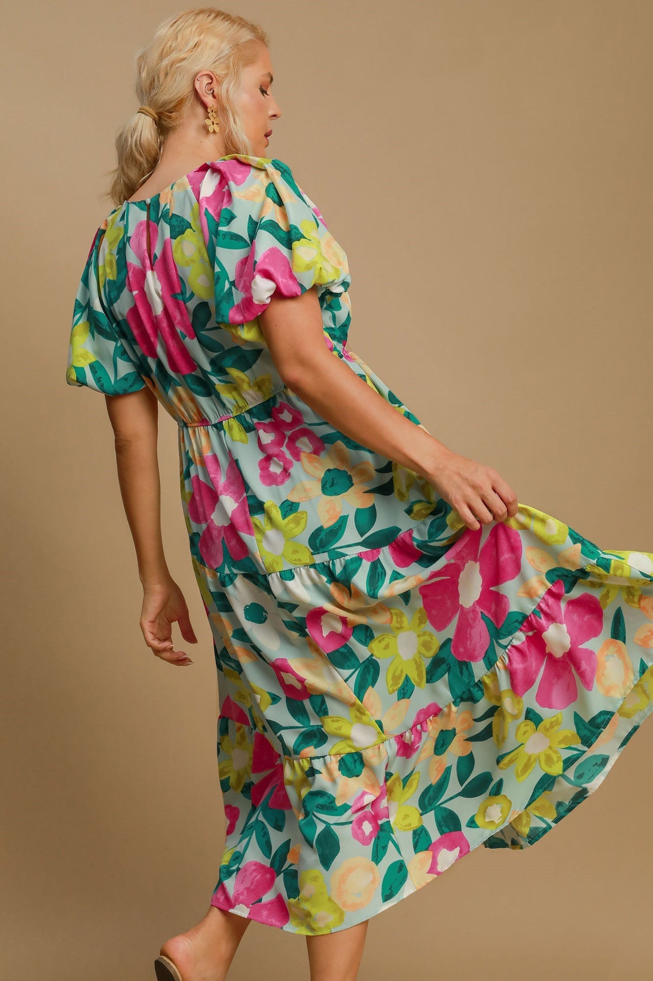 Colorful Full Size Floral Print Puff Sleeve Midi Dress Plus Size Elegant & Feminine Romantic Long Dress