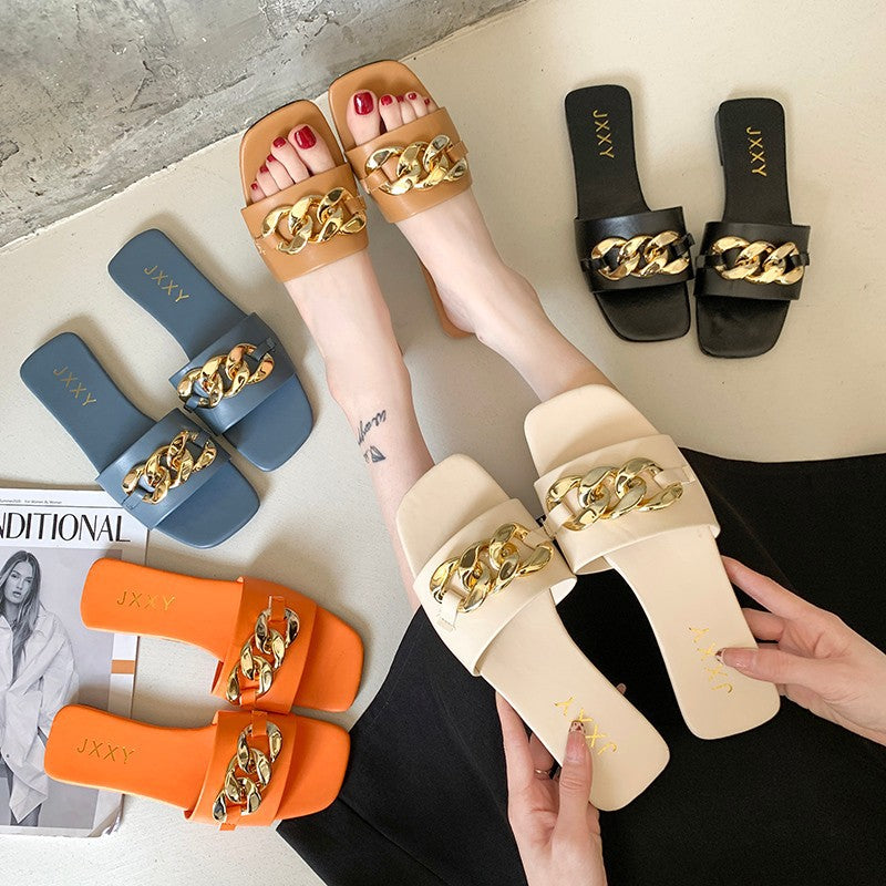 Women Sandals Design Gold Chain Closed Toe Slip On Mules Shoes Flat Heels Square Head Casual Slides Summer Slippers Open Toe Flat Sandals Metal Chain PU Leather Slides Shoes