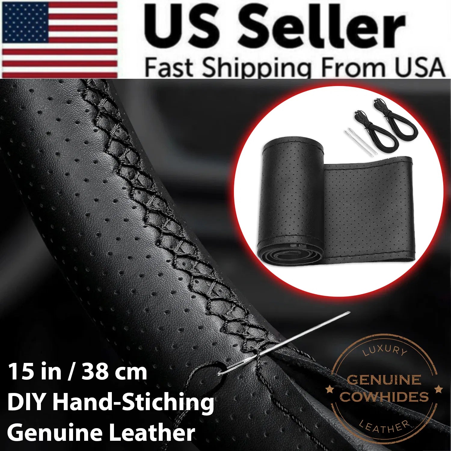 Genuine Leather Car Steering Wheel Cover Soft Anti slip Steering-Wheel Braid Cowhide Braid With Needles Thread Leather Steering Wheel Cover Heavy Duty Pure Cowhide Steering Wheel Cover, Genuine Leather Steering Wheel Cover (Copy)