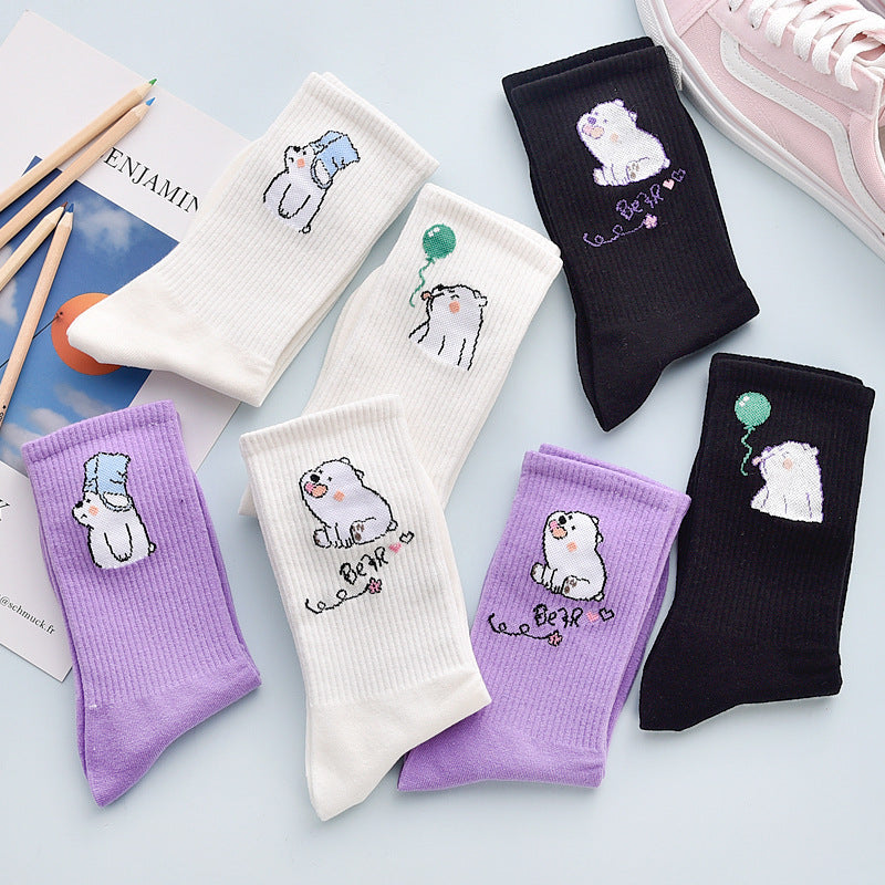 4Pair Spring And Summer Combed Out Of Pure Cotton Socks Mid Waist Fashion Bear Socks Cute Animal Socks Kawaii Cute Cartoon Purple College Socks For Men And Women