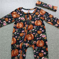 Baby Girls Footies Floral Print Ruffles Single Breasted Playsuit Headband Clothes Outfits For Girls with Bow Floral Printed
