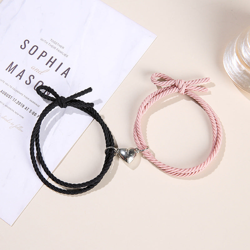 2PCS Magnetic Bracelet Stainless Steel Love Heart Charm Couple Bracelets For Friend Braid Rope Bracelets Magnet Adjustable Rope Matching Bracelet Love Bracelet Couples 2 Pieces Relationship Magnetic Bracelet