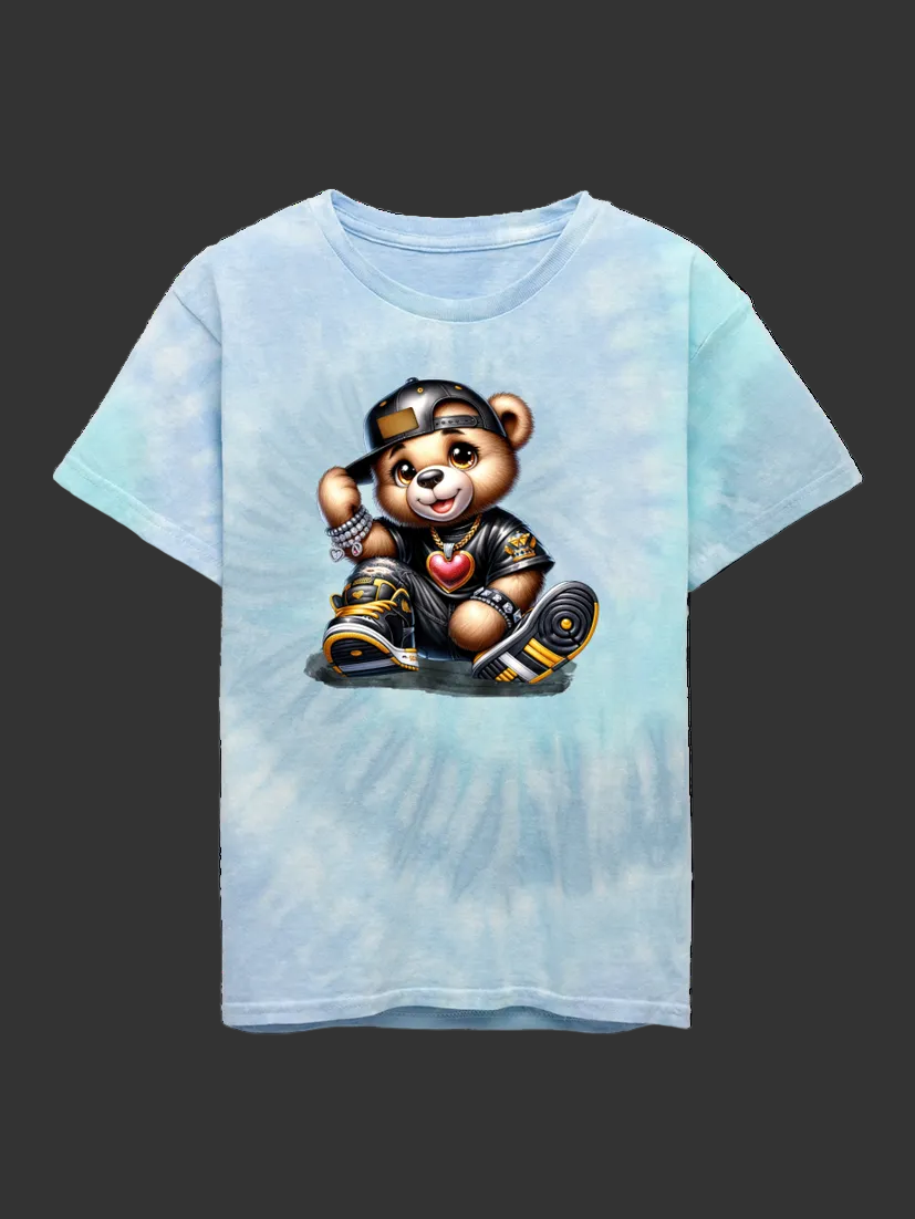 Boys Teddy Bear and Black Hat Tie Dye Short Sleeve T-Shirt