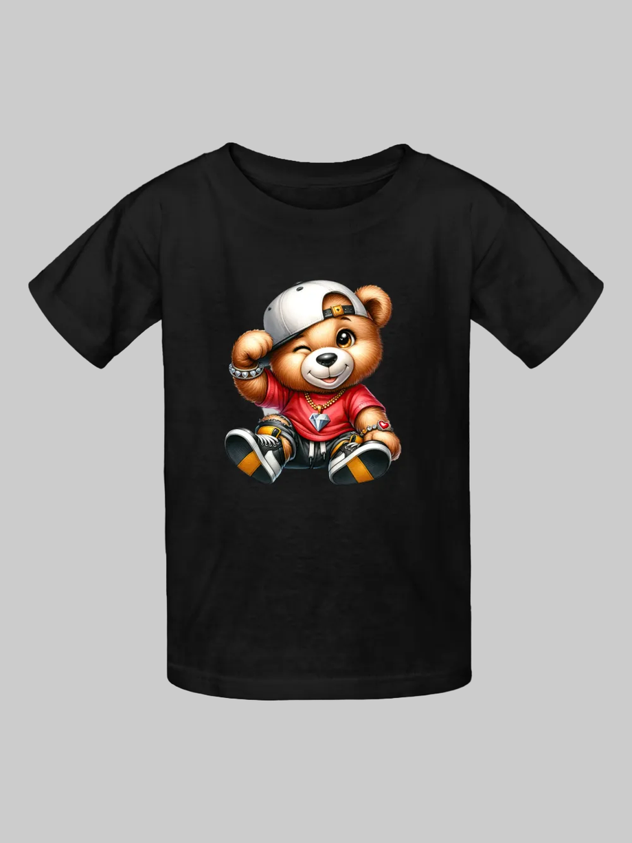 Boys Teddy Bear White Hat Short Sleeve T-Shirt