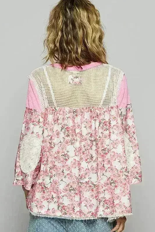 Washed Floral Crochet Top - Bohemian Semi-Sheer Blouse | Femstylo