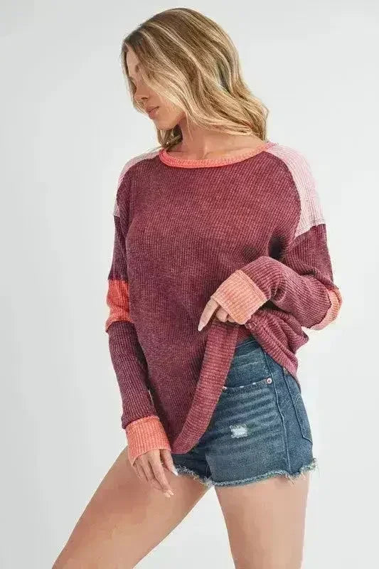 Color Block Knit Top – Raw Seam Detail & Cotton-Spandex Blend