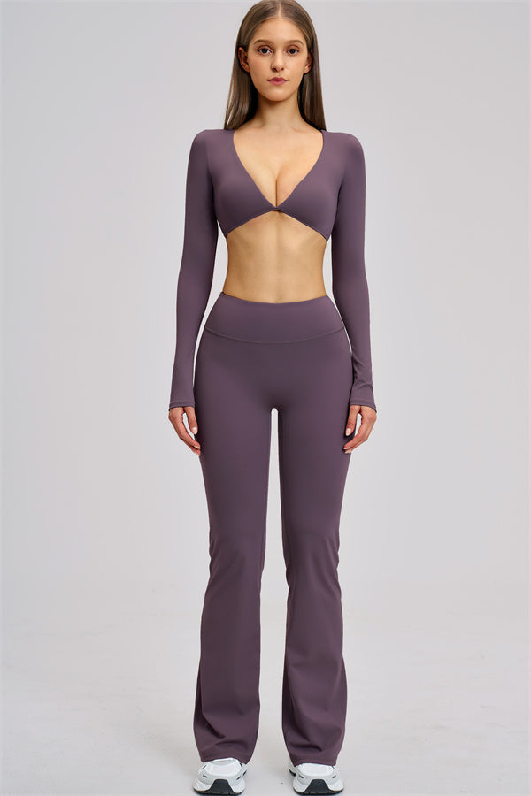 The Zestful Long Sleeve Crop Top Flared Leggings 2-Piece Set