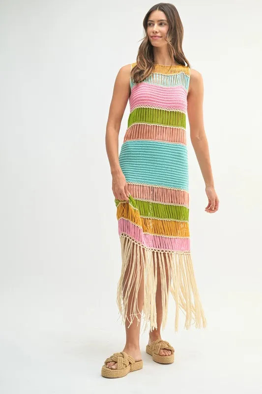 Multi Color Fringed Crochet Knit Dress For Women – Crochet Knit Dress, Fringed Dress, Multi-Color Dress, Bohemian Knit Dress, Festival Dress