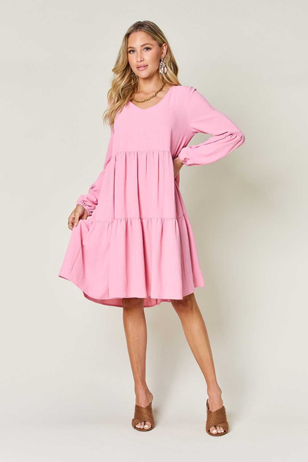 Light Green Double Take Full Size V-Neck Sleeve Tiered Dress with Pockets Elegant & Comfortable Casual Dress