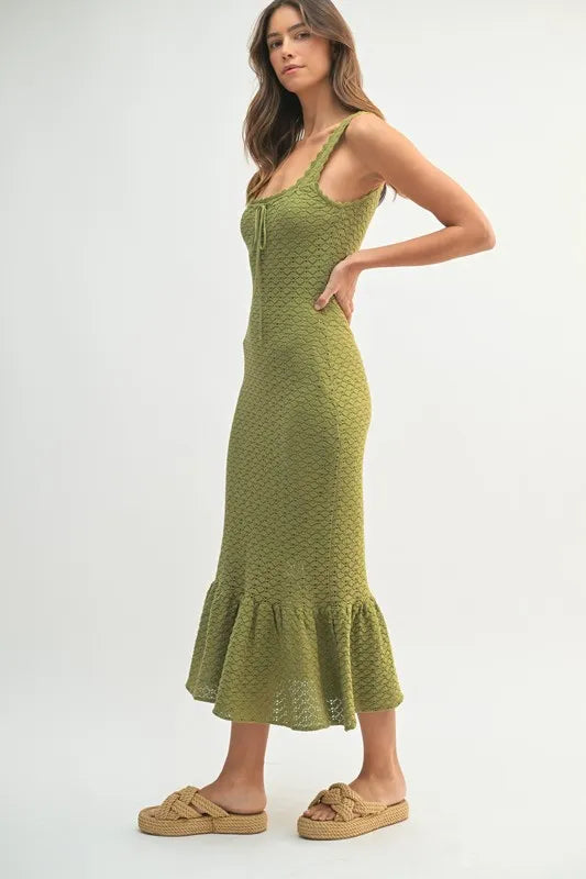 Ruffled Hem Sleeveless Crochet Knit Midi Dress For Women – Crochet Knit Dress, Unique Ruffled Hem Dress, Sleeveless Midi Dress, Summer Midi Dress, Elegant Crochet Dress