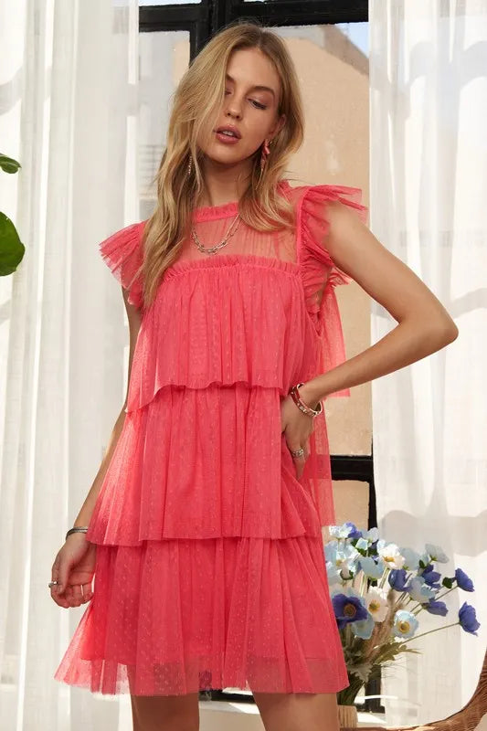 Layered Ruffled Cap Sleeve Mesh Dress For Women – Elegant, Feminine Ruffled Cap Sleeve Dress with Lace and Sheer Mesh Detail
