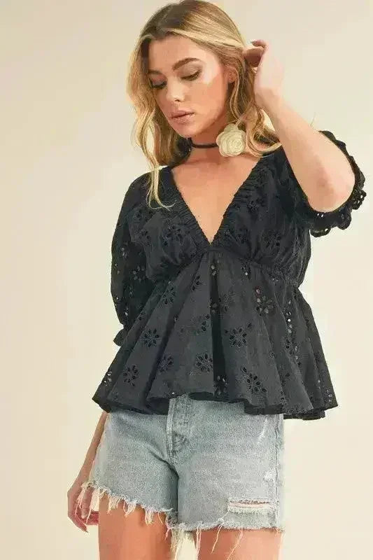 Aemi + Co Eyelet Embroidered V-Neck Half Sleeve Peplum Blouse
