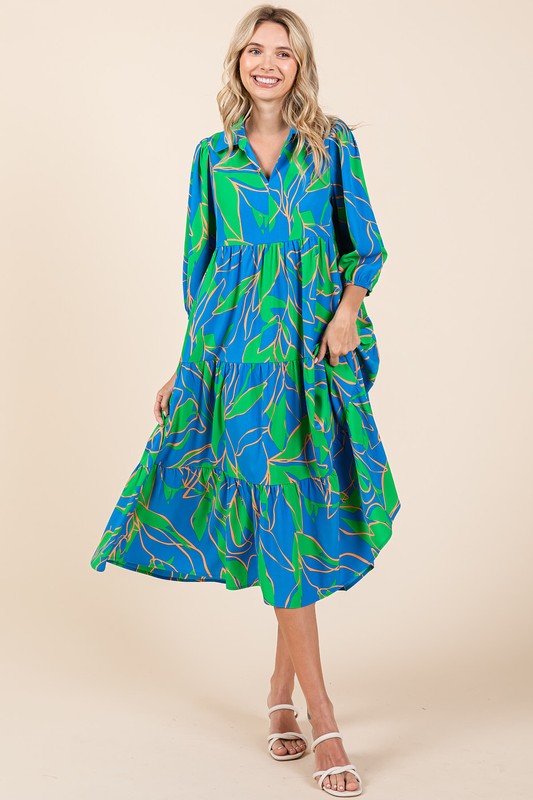 New Summer Tiered Printed Collared Neck Midi Dress – Chic and Sophisticated Midi Dress with Layered Design and Polished Collared Neckline