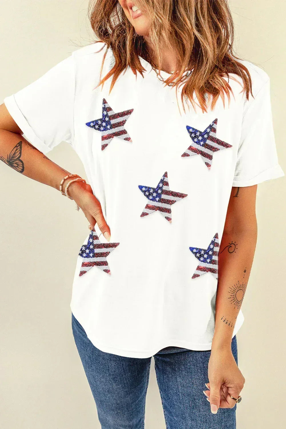 Black Sequined American Flag Star Graphic T Shirt