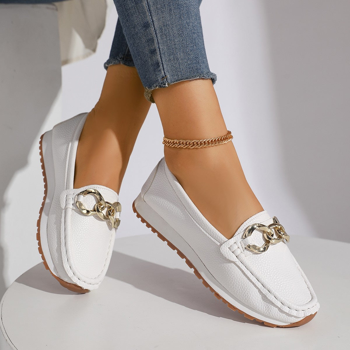 Women's Metal Buckle Slip-On Loafers - Casual Suede Leather Comfort Shoes