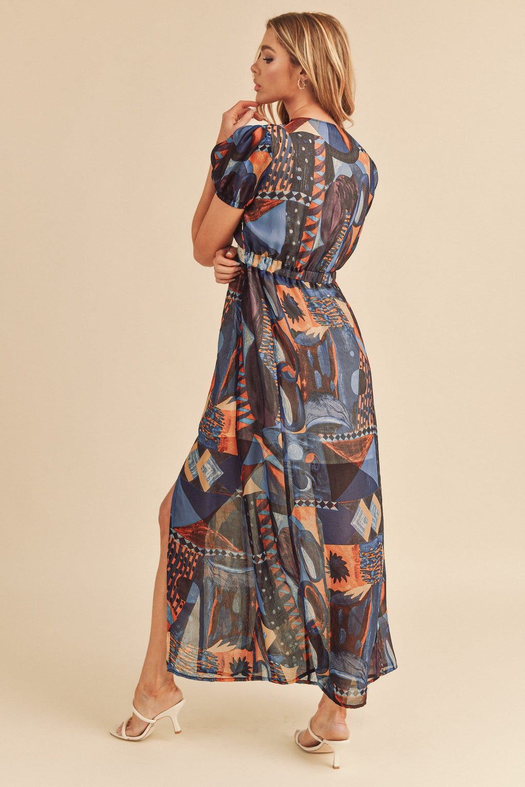Lace Detail Slit Geometric Print Short Sleeve Comfortable Maxi Dress For Women, Elegant Lace, Alluring Slit, Sophisticated Geometric Print for Casual & Dressy Occasions