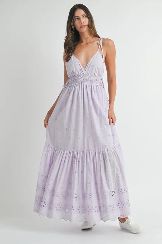Eyelet Lace Maxi Dress With Side Strap Details – Elegant Fluttering Eyelet Lace Maxi Dress, Modern Side Strap Design, Formal Summer Maxi Dress, Sophisticated Event Dress