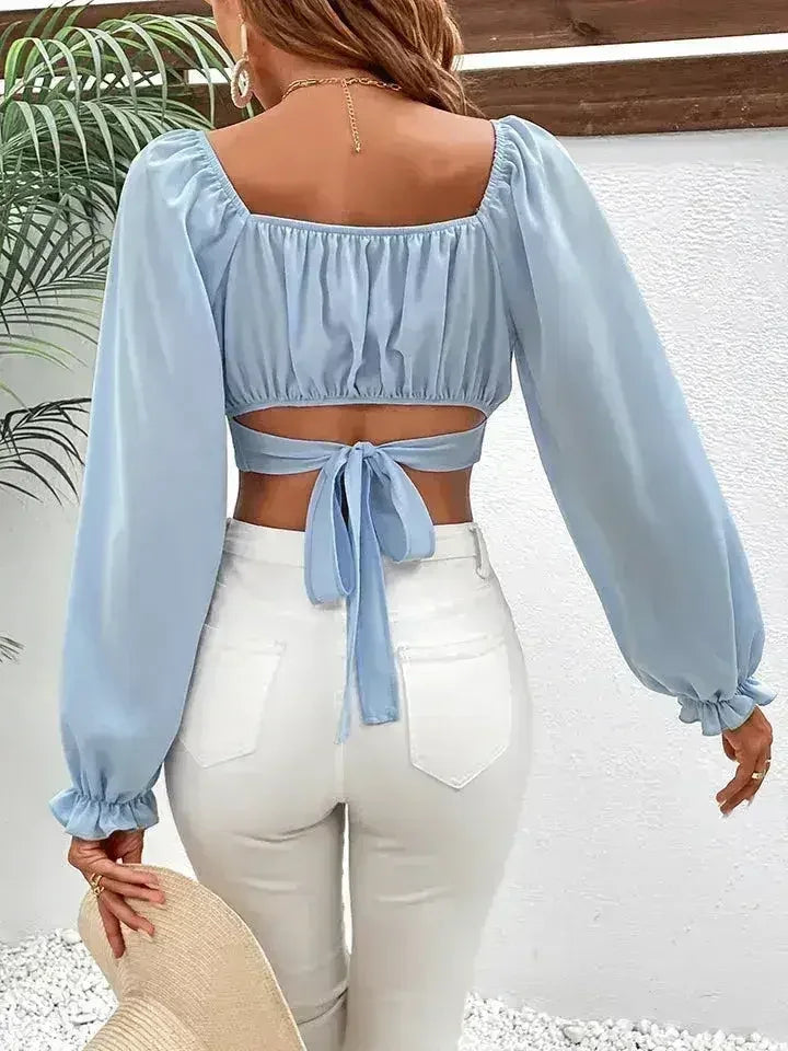 Light Blue Honey Raglan Sleeve Cropped Blouse | Femstylo