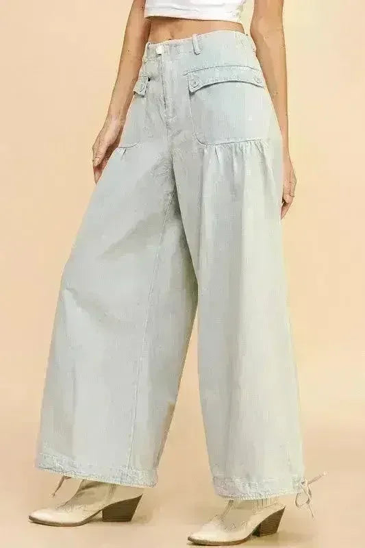 Drawstring Hem Wide Leg Jeans - Adjustable 100% Cotton Denim | Femstylo