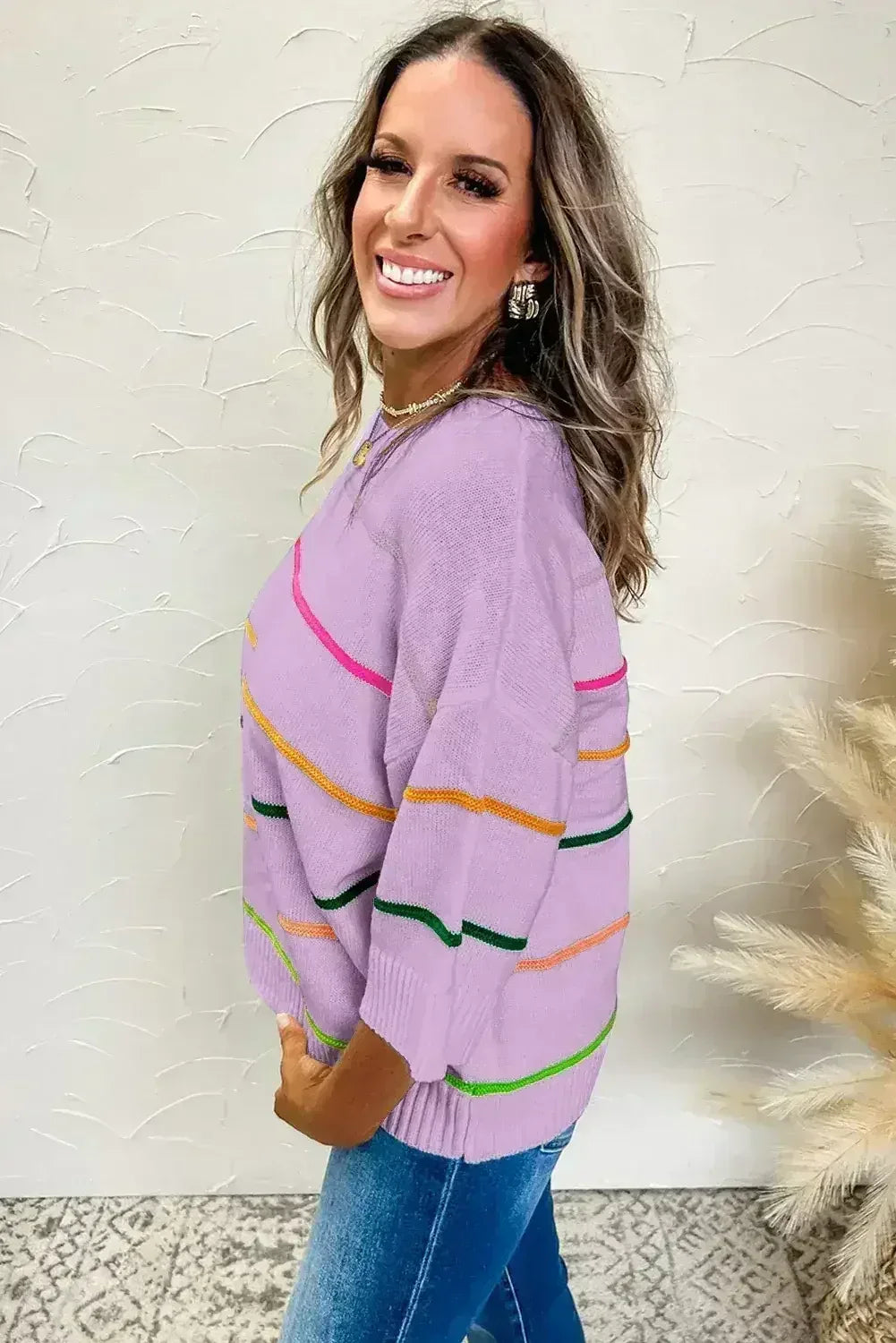 White Striped Half Sleeve Drop Shoulder Sweater