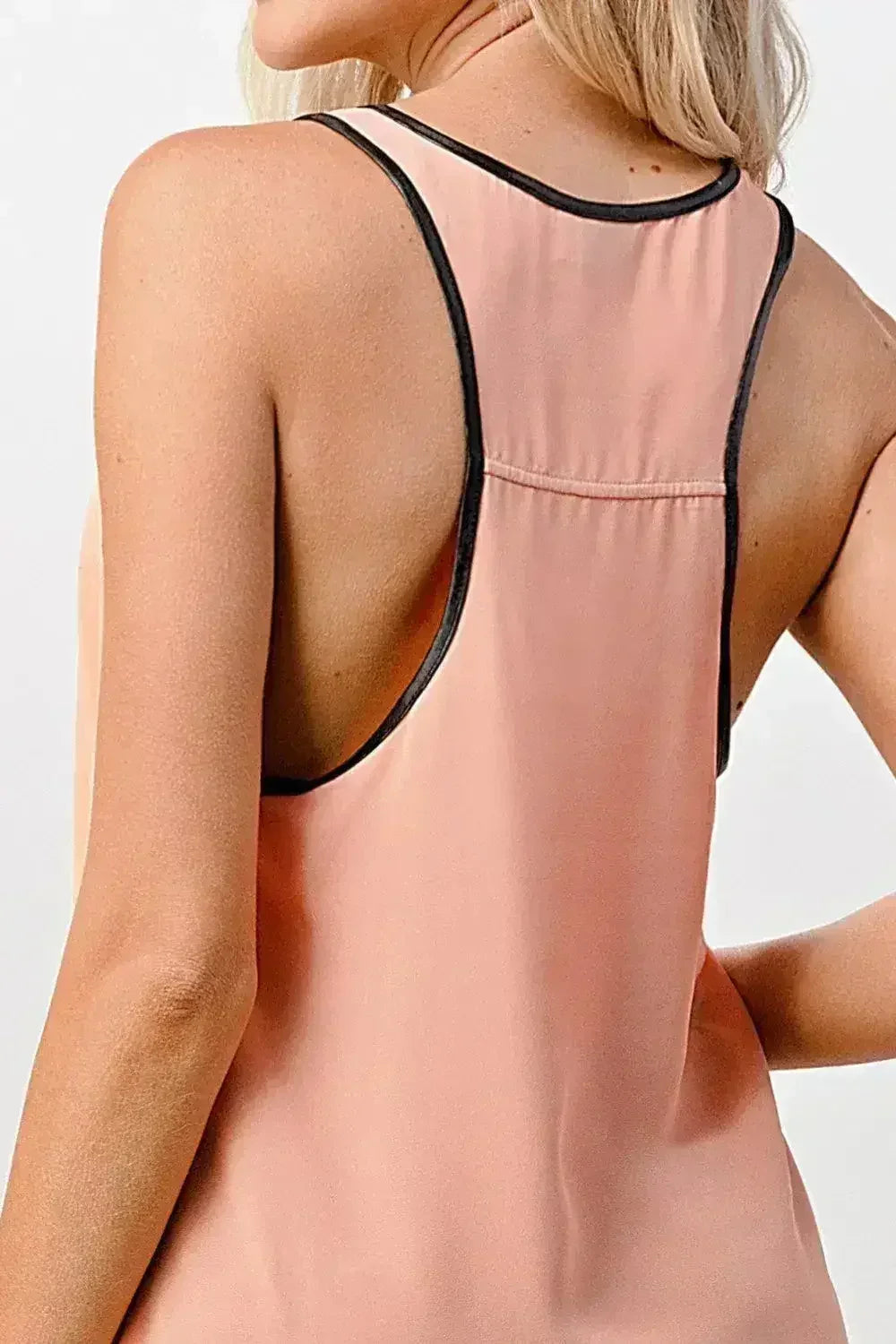 Vegan Leather Trim Tank Top - Scoop Neck Cami in Pink & Yellow | Femstylo