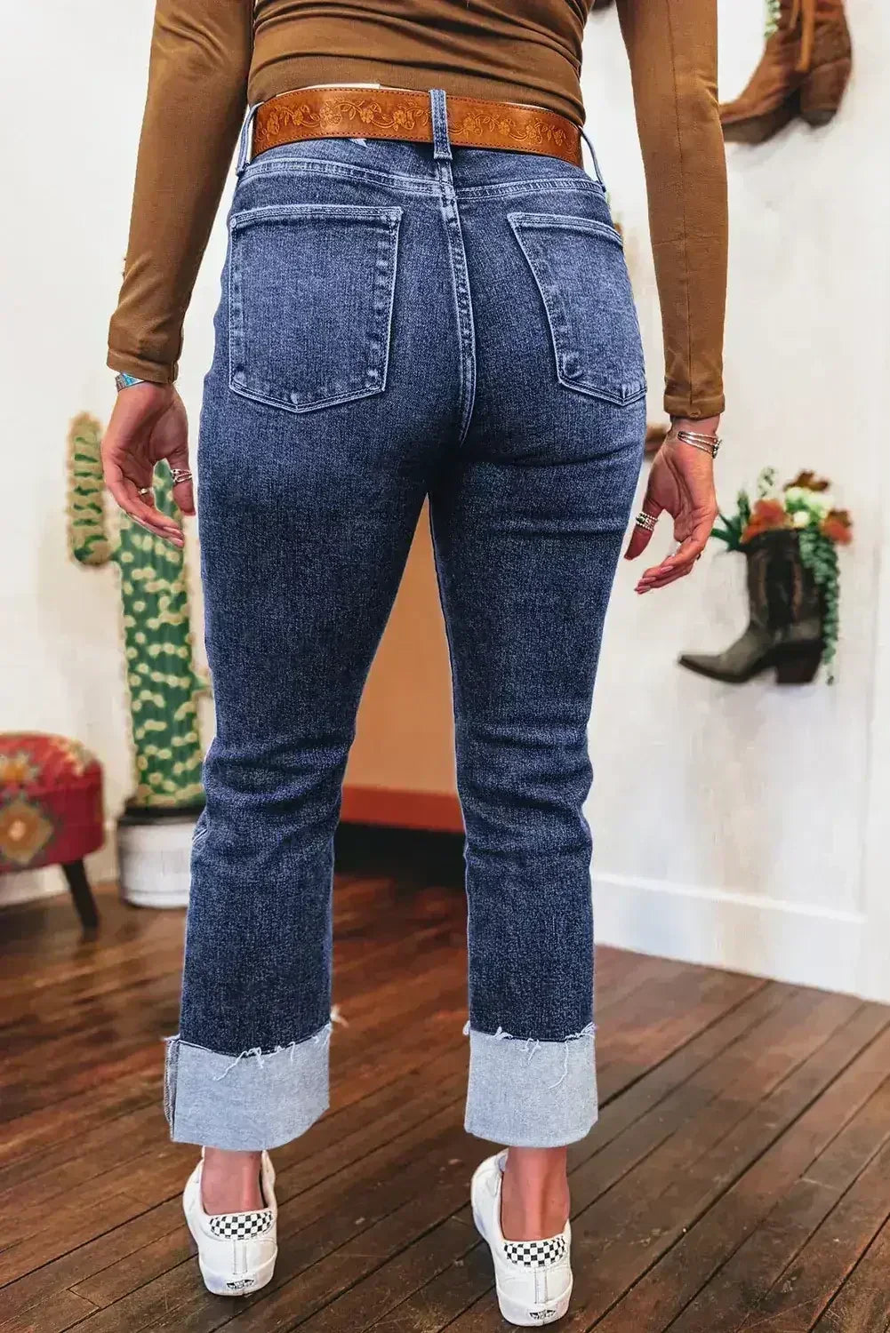 Real Teal Folded Cuffs Distressed High Waist Jeans