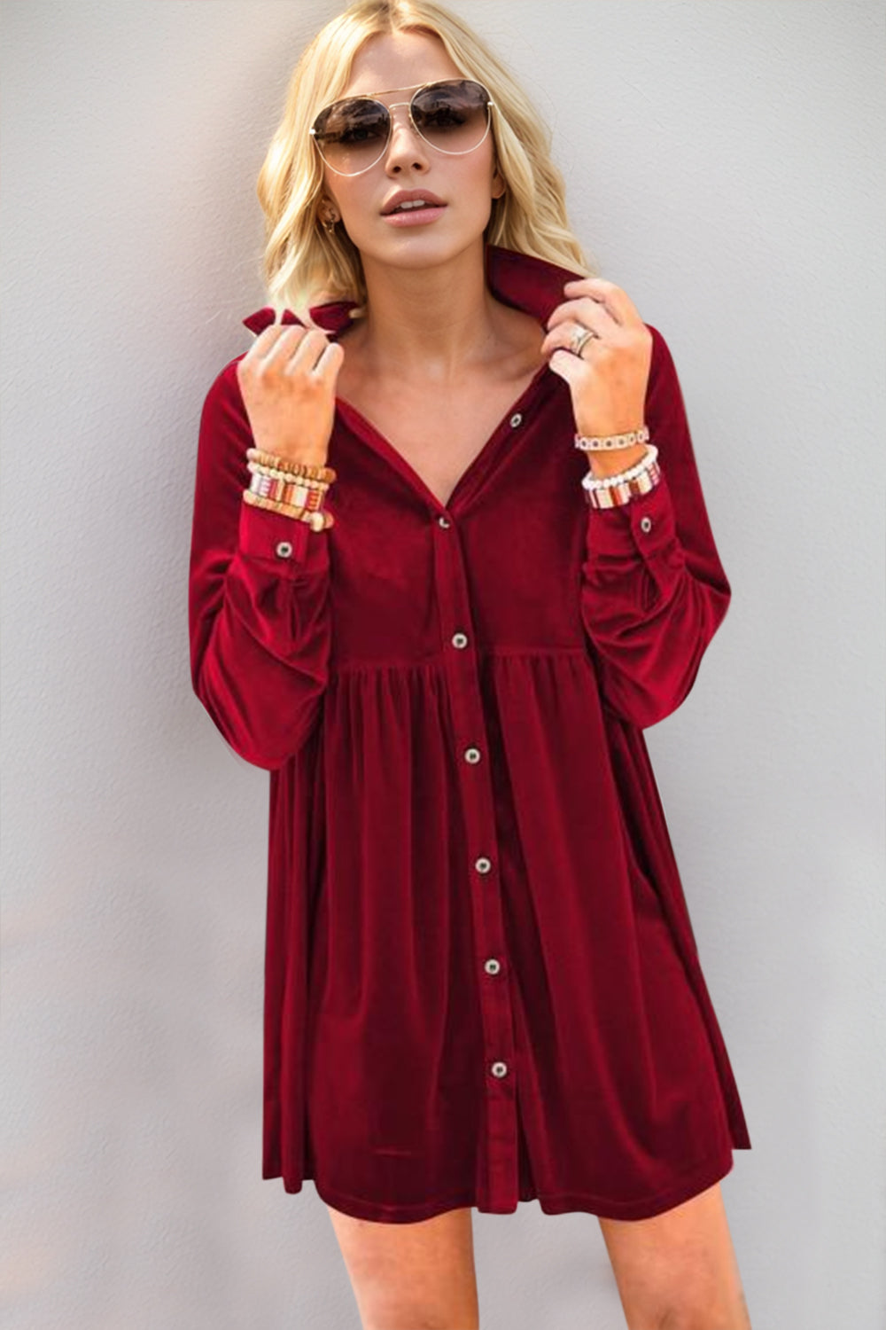 Deep Red Full Size Collared Neck Long Sleeve Mini Dress Classic & Stylish Women Dress