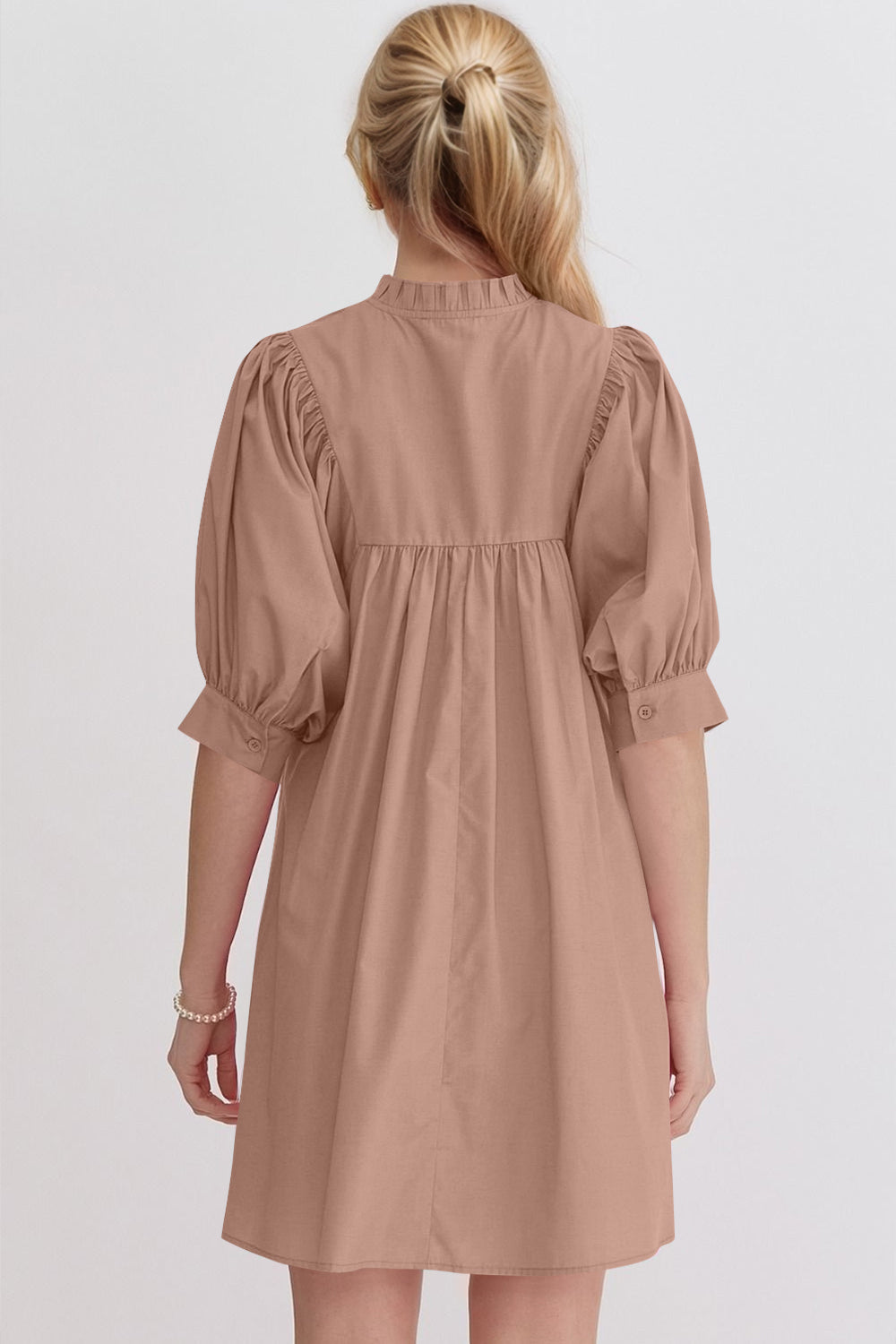 Pink Puff Sleeve Mini Dress Casual and Feminine Dress for Women Simple Classic Summer Dress