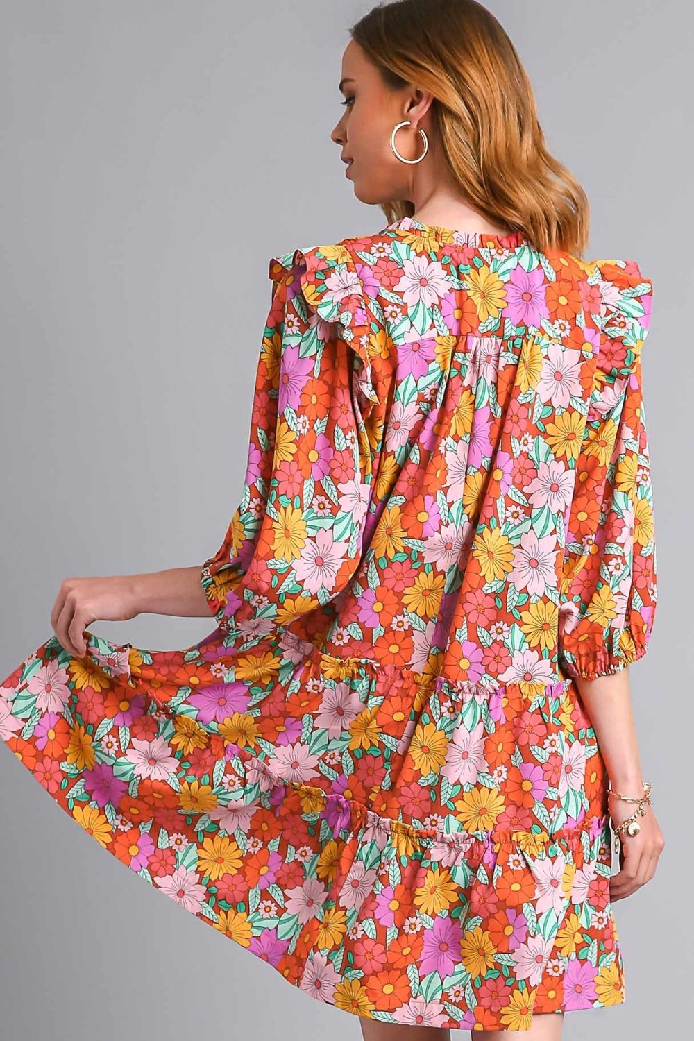Full Size Ruffled Flower Print Tie Neck Tiered Dress For Women – Fluttering, Floral Tiered Dress with Elegant Tie Neck and Ruffled Details