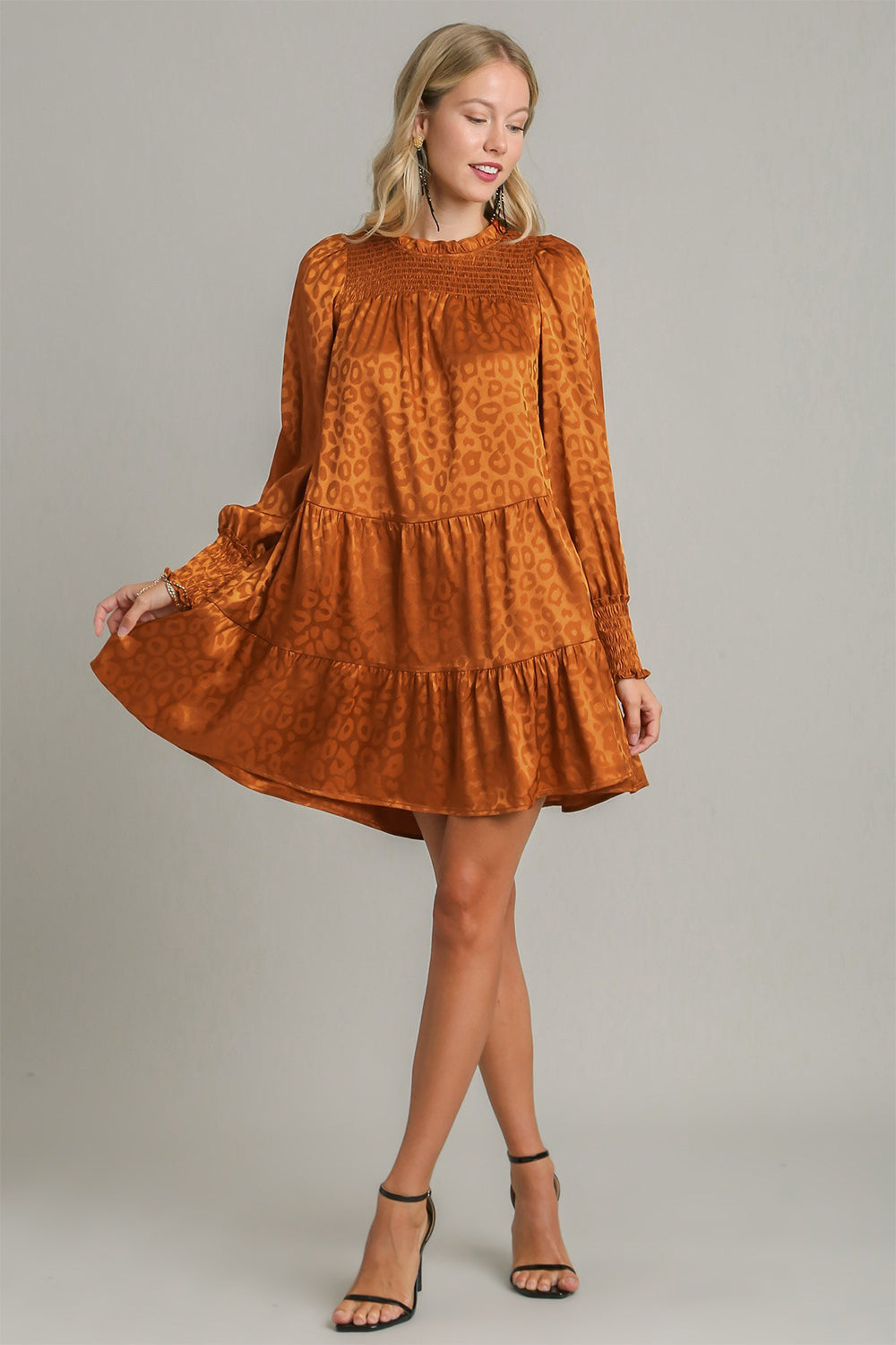 Smocked Leopard Long Sleeve Tiered Dress – Smocked Bodice, Bold Leopard Print, Tiered Design, Frill Details, Chic Dress for Casual and Semi-Formal Occasions