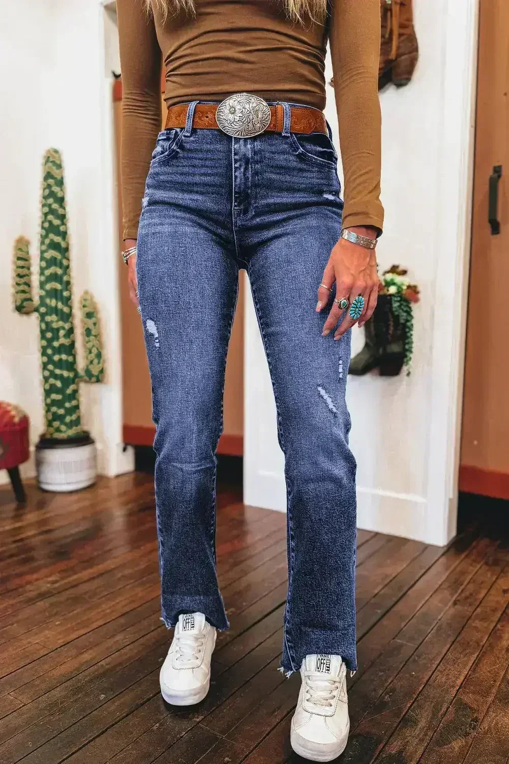 Real Teal Folded Cuffs Distressed High Waist Jeans