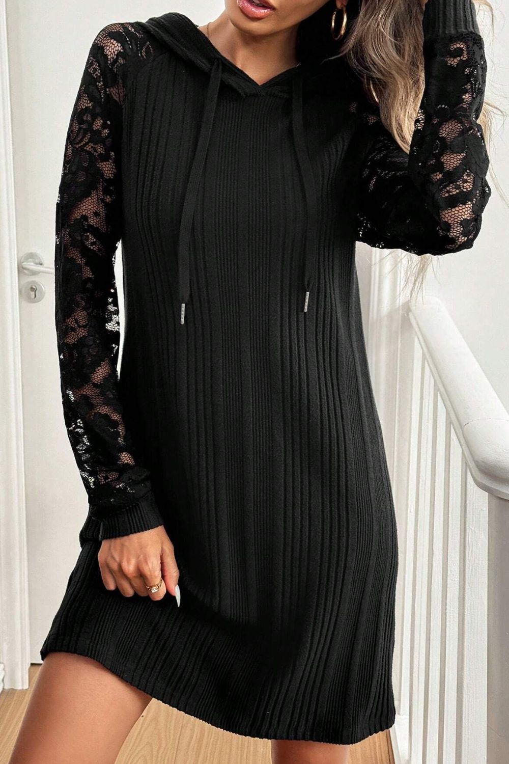 Black Long Sleeve Hooded Dress With Lace Detail Stylish Comfortable Women’s Dress Luxury Unique Design Dress