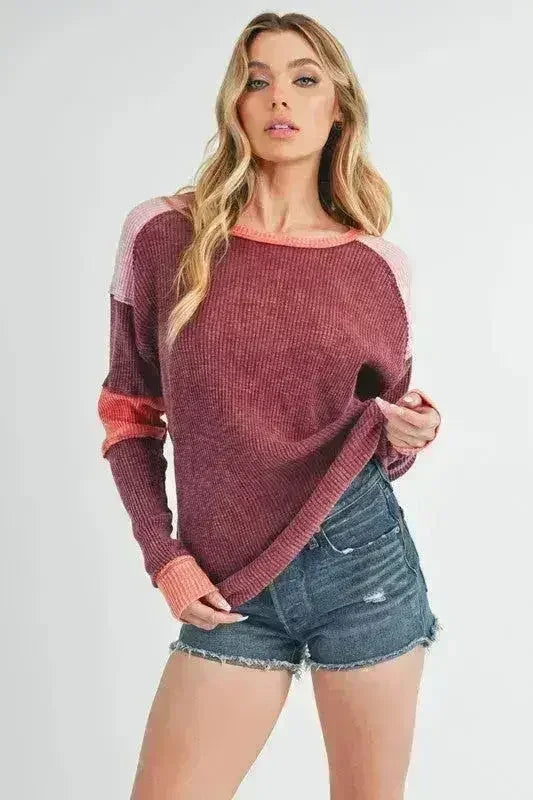 Color Block Knit Top – Raw Seam Detail & Cotton-Spandex Blend