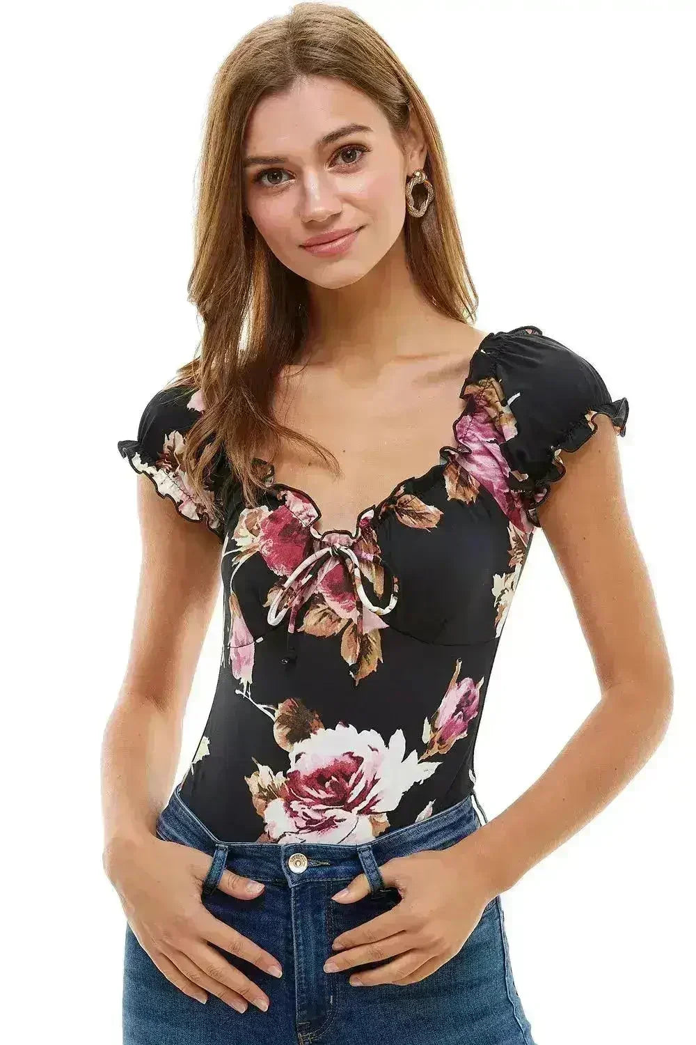 Floral Print Peasant Puff Sleeve Bodysuit USA - Femstylo