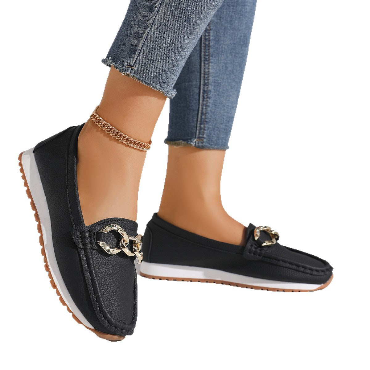 Women's Metal Buckle Slip-On Loafers - Casual Suede Leather Comfort Shoes