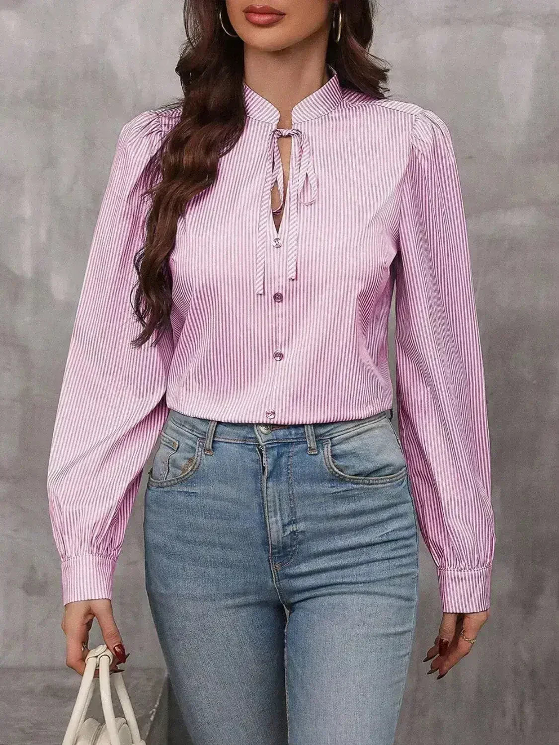 Striped Tie Neck Long Sleeve Blouse – Femstylo