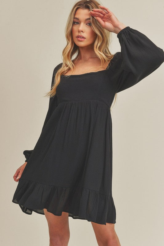 Ruffled Comfortable Hem Square Neck Balloon Sleeve Mini Dress For Women – Trendy, Romantic and Playful Style for Any Occasion