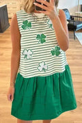 Stripe Sequin Clover Patched Contrast Mini Dress with Pockets