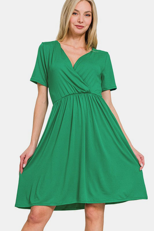 Surplice Short Sleeve Brushed DTY Dress – Elegant, Chic Surplice Neckline, Soft Brushed Fabric, Perfect for Day-to-Night Wear