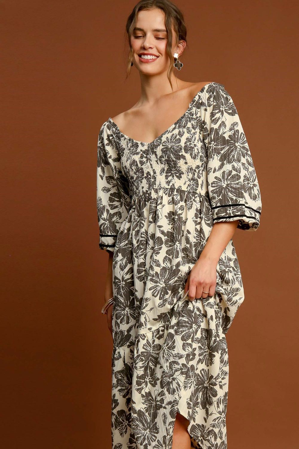 Ruffle Hem Flower Printed V-Neck Dress For Women – Floral Print Dress, Ruffle Hem V-Neck Dress, Feminine Floral Dress, Elegant V-Neck Dress, Flirty Ruffle Hem Dress