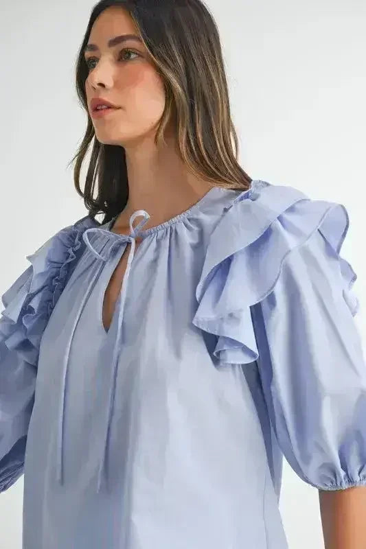 MABLE Stripe Ruffle Shoulder Puff Sleeve Blouse | Femstylo